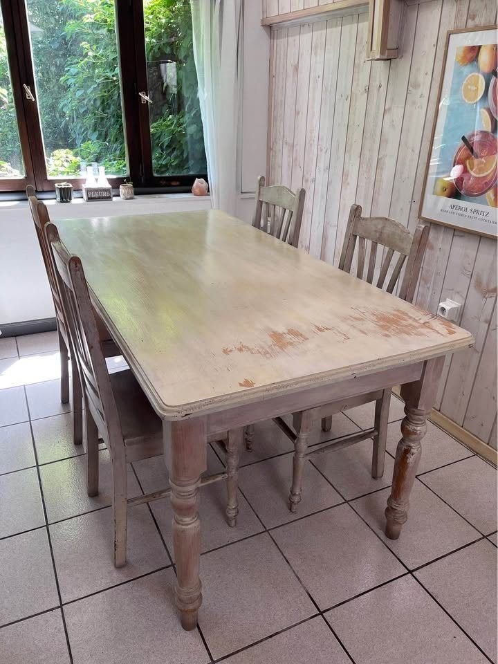 Table en bois 180x90 + 4 chaises – style campagne/vintage, Maison & Meubles, Quatre personnes, 150 à 200 cm, Enlèvement, Utilisé