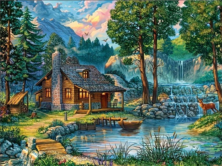 Peinture au diamant 50x40cm Chalet forestier en bois n 45, Multicolore, Enlèvement ou Envoi, Diamond painting, Autres marques