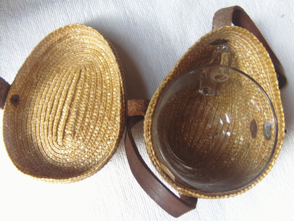 glas tas in mandje vintage retro, Verzamelen, Ophalen of Verzenden