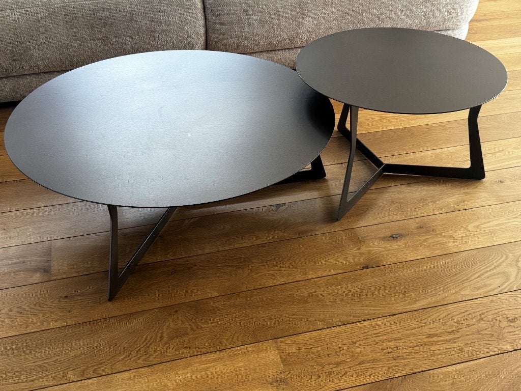 2 industriële salontafeltjes metaal taupe, Huis en Inrichting, Ophalen, 50 tot 100 cm, Rond, 50 tot 100 cm