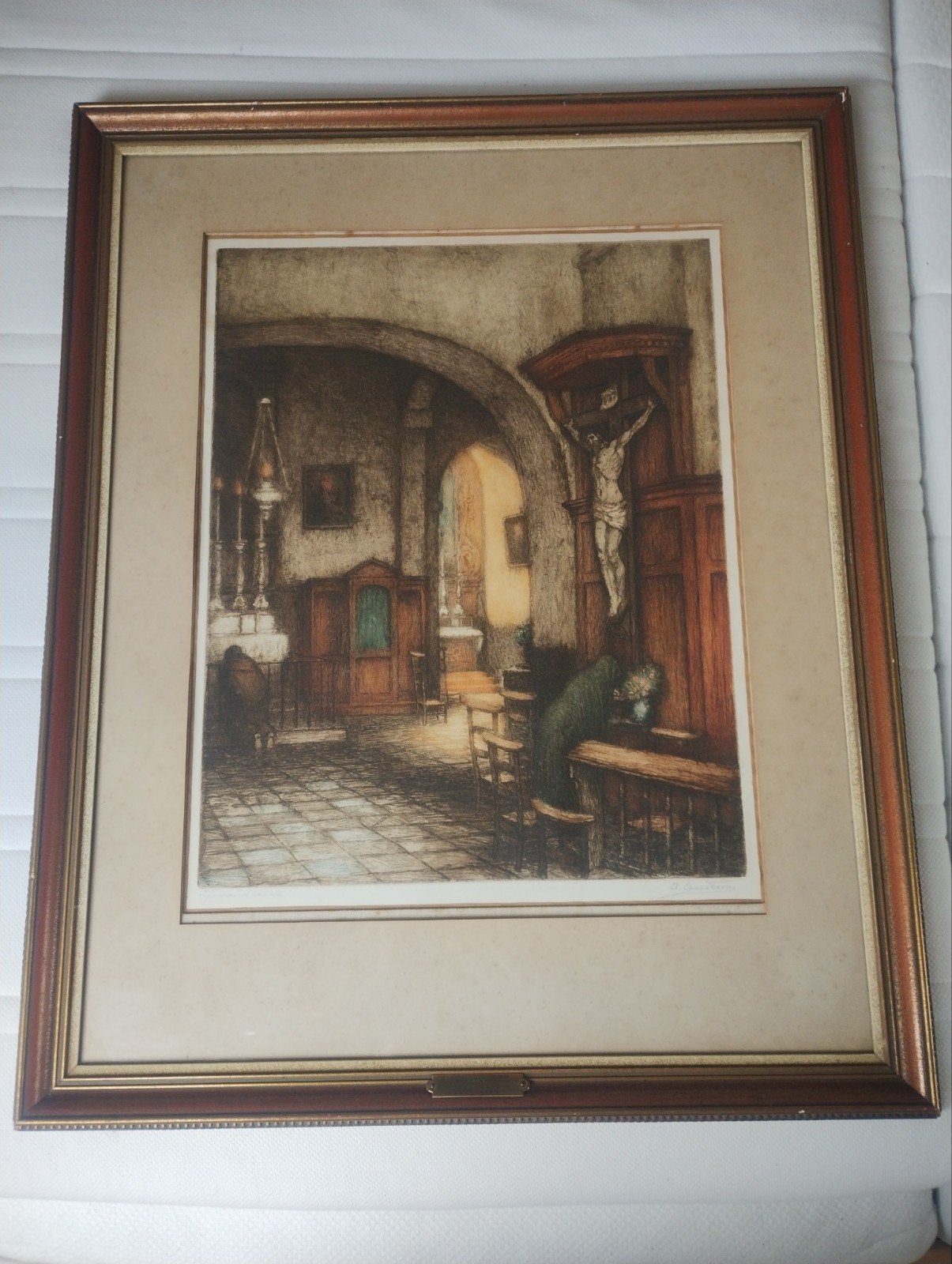 Ets Albert Geudens , Biddend in de sacristie, Antiek en Kunst, Ophalen