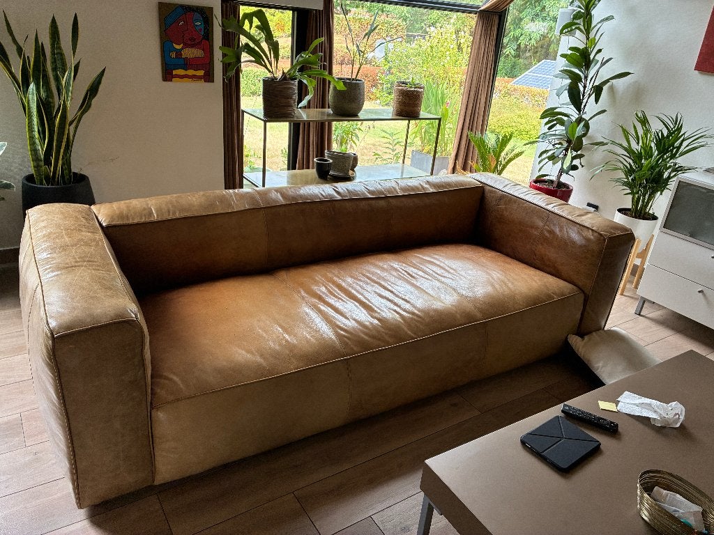Zetel in bruin buffelleder, Huis en Inrichting, Ophalen, 250 tot 300 cm, Gebruikt, Modern - tijdloos