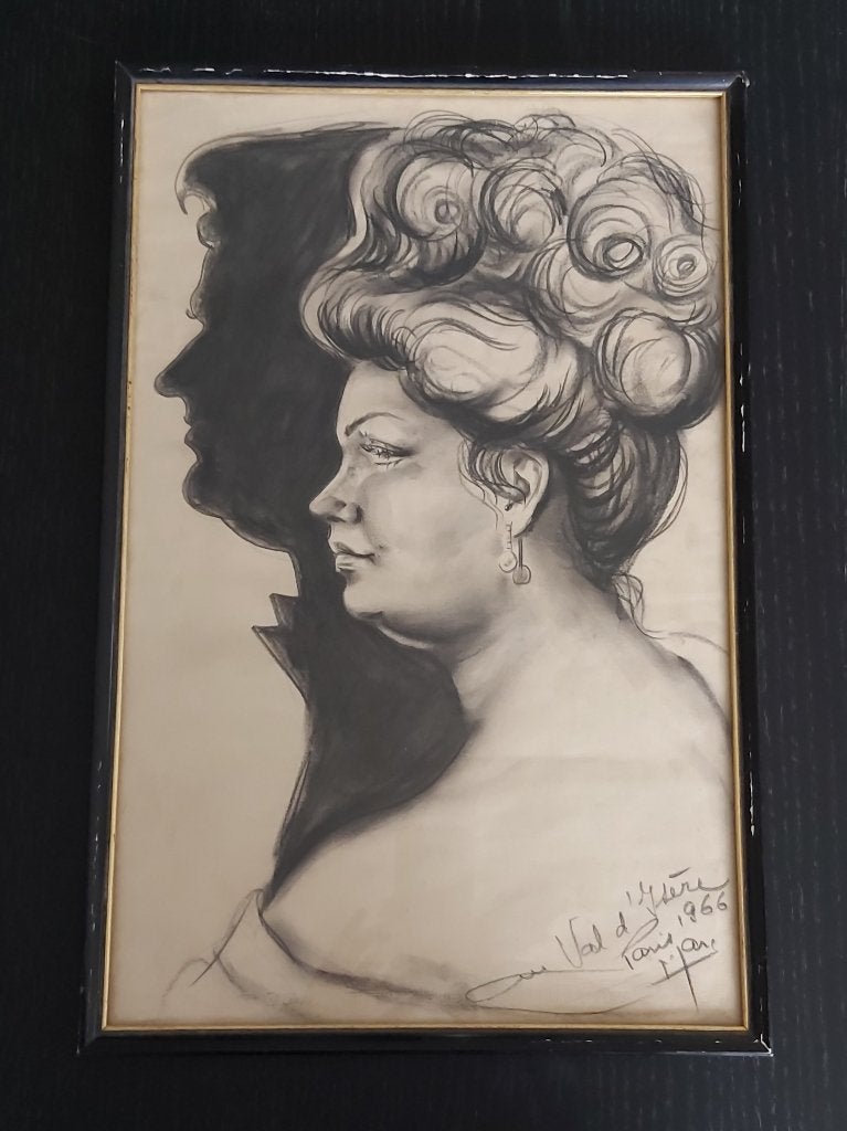 Mooie franse vintage potlood/houtskooltekening dame / heer, Antiquités & Art, Enlèvement ou Envoi, Dessin, Dessin au crayon, Fait main