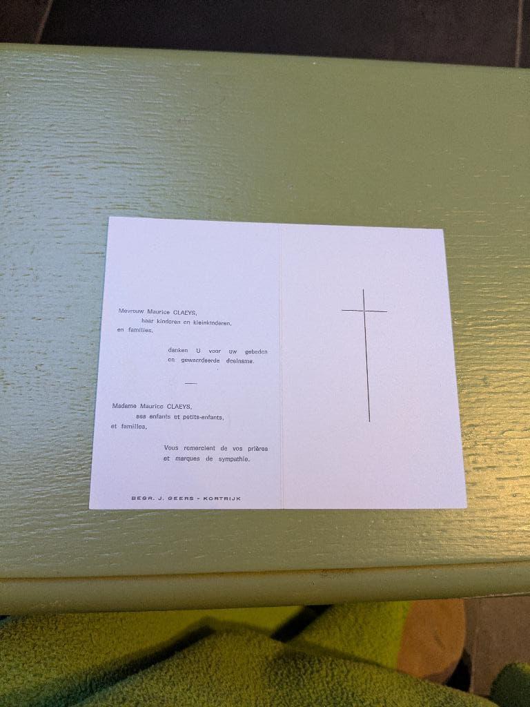 Dp meester Maurice Claeys, Verzamelen, Bidprentjes en Rouwkaarten, Ophalen of Verzenden, Bidprentje