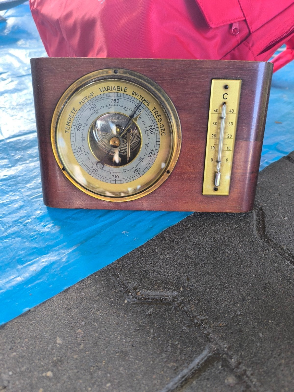 baromètre Vintage avec thermomètre sur socle en bois, Audio, Tv en Foto, Ophalen, Zo goed als nieuw, Barometer