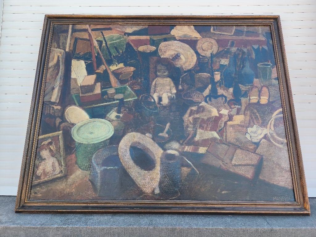 Huile sur toile la brocante signe Dominique manesse, Ophalen, Doek