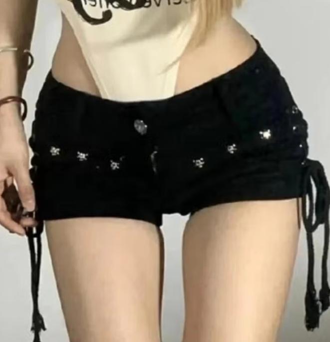 Vintage punk lace up korte jeans Amerikaanse stijl - Zwart