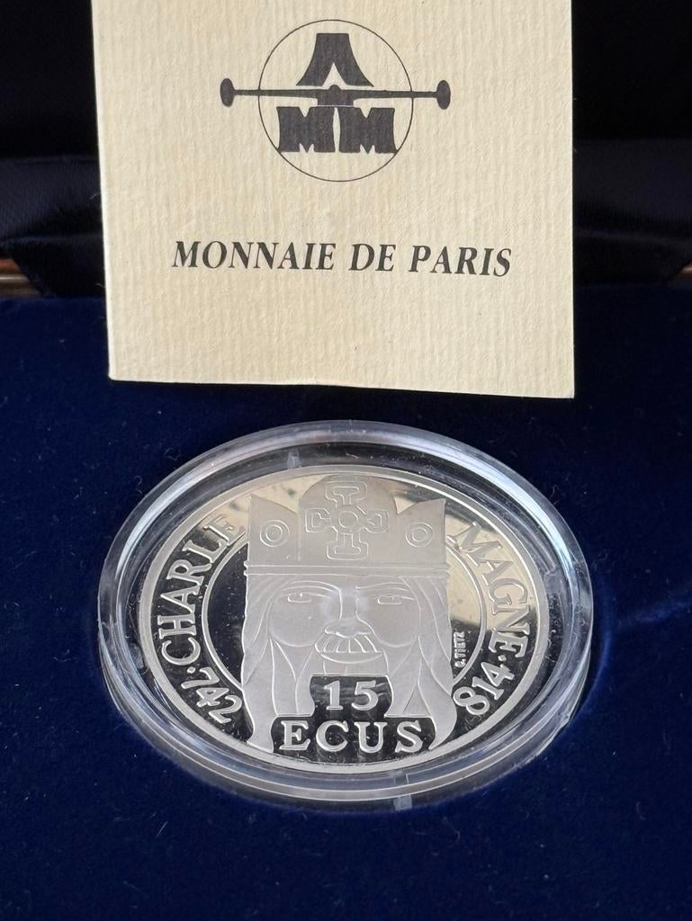 Pièce argent 15 écus 1990 Charlemagne – avec certificat, Enlèvement ou Envoi, Argent