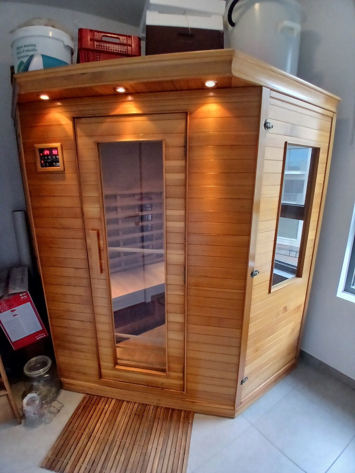 sauna hoek model 1m55x1m55x1m90, Sports & Fitness, Sauna, Enlèvement, Comme neuf, Infrarouge, Sauna complet