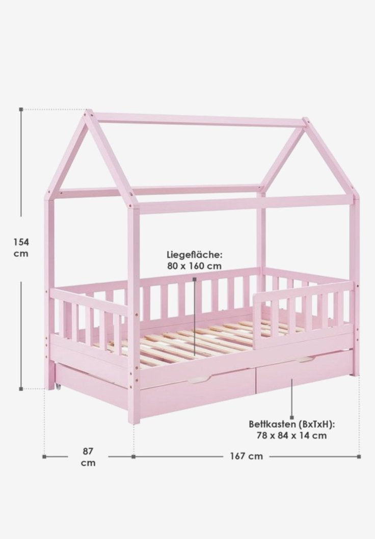 Kinderbed 80x160cm roze met schuif ladtjes en lattenbodem, Ophalen, Zo goed als nieuw