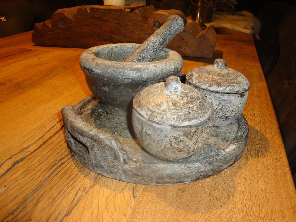 vijzel met 2 potjes en dienblad, Huis en Inrichting, Ophalen, Gebruikt