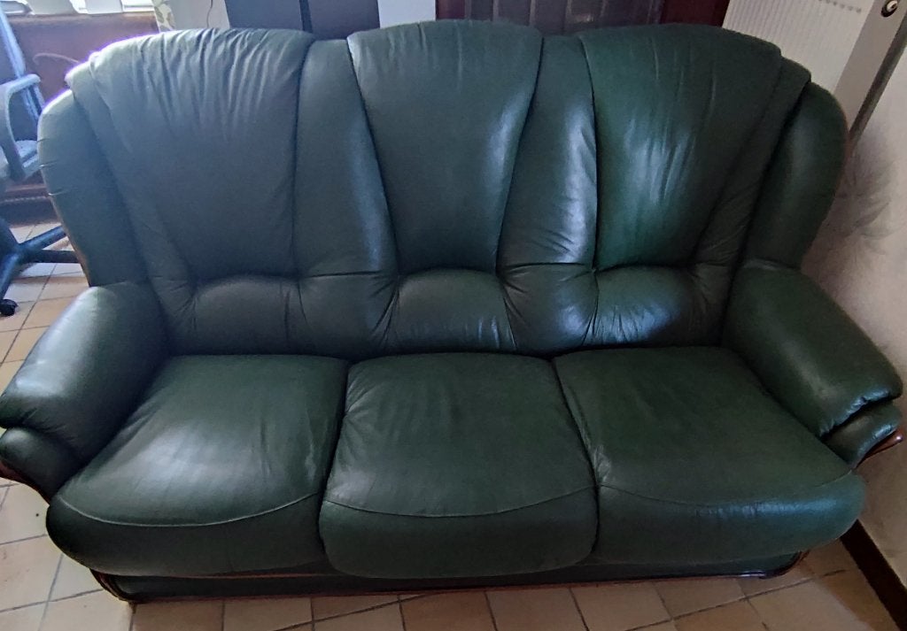 Salon cuir vert 3 pl + 2 fauteuils 1 pl, Maison & Meubles, Enlèvement, Utilisé, Quatre personnes ou plus, Cuir