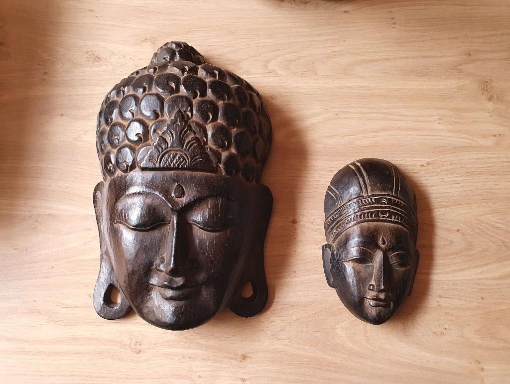 Groot houten Boeddha-masker + klein, Ophalen, Zo goed als nieuw