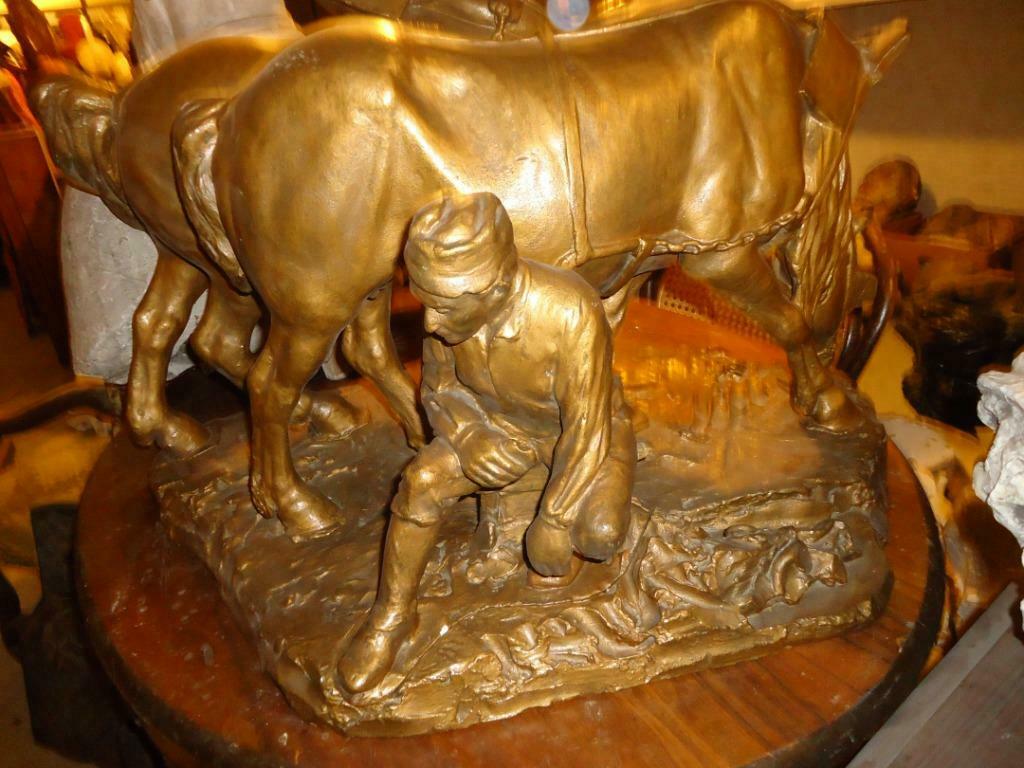 1903 ERNEST BASTIN XL sculpture paire de chevaux & paysan, Enlèvement
