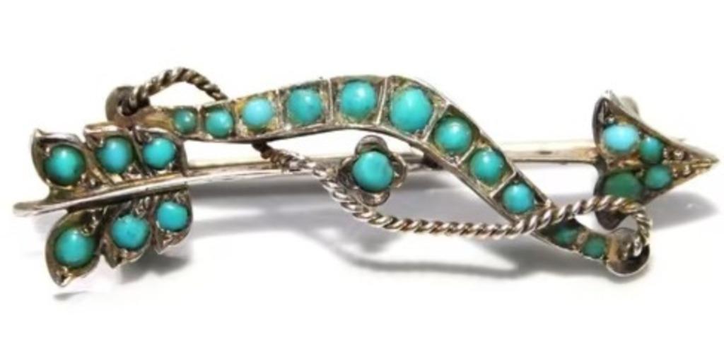 Antiek victoriaanse zilver en turquoise pijl & boog broche, Antiek en Kunst, Ophalen of Verzenden, Zilver