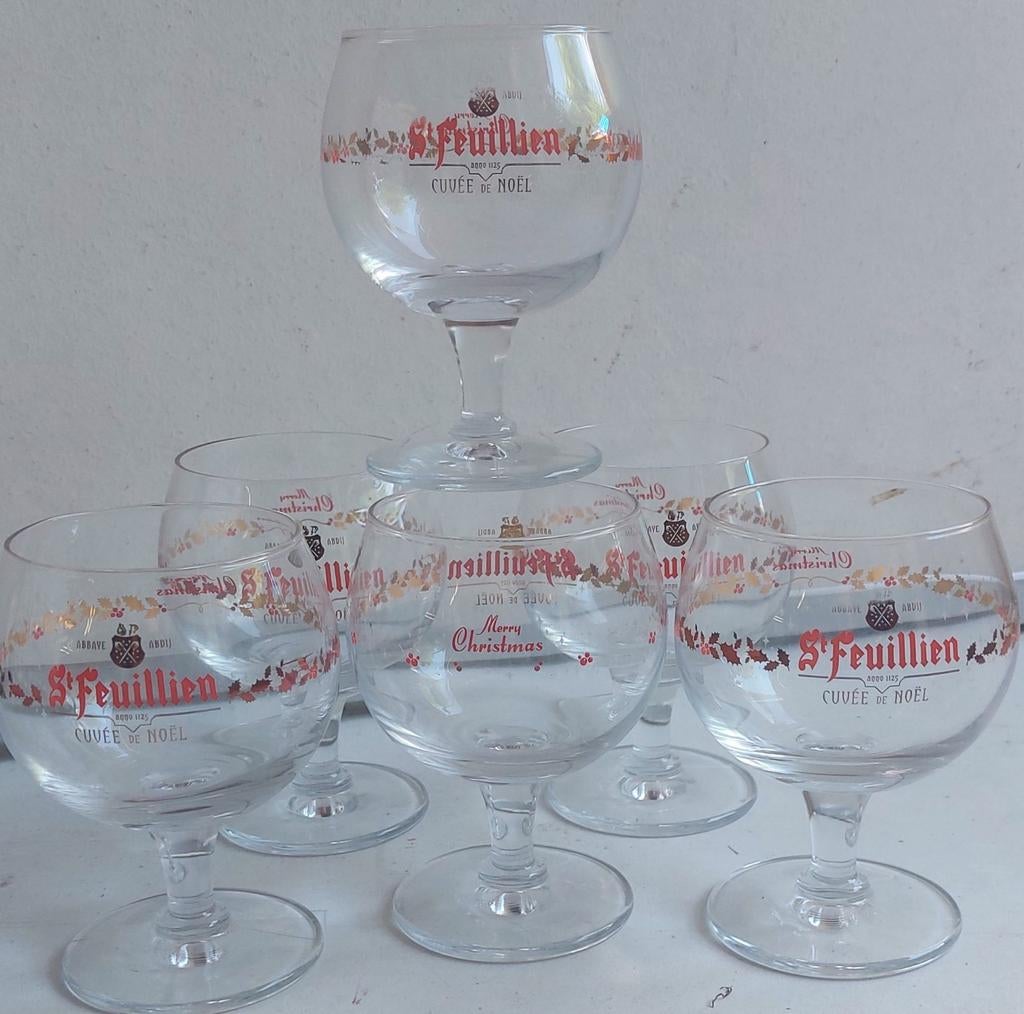 6 St Feuillien glazen kersteditie, Verzamelen, Ophalen of Verzenden, Zo goed als nieuw