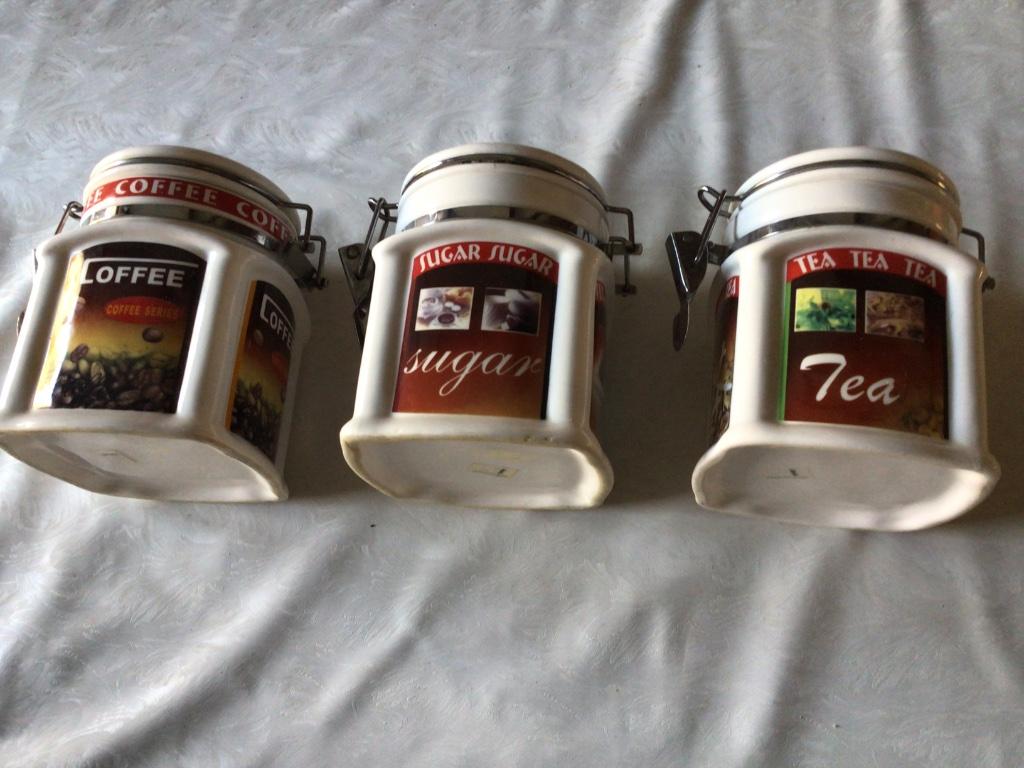 Drie vintage klikdeksel bewaar bokalen voor suiker bloem tea, Antiek en Kunst, Antiek | Servies compleet, Ophalen of Verzenden