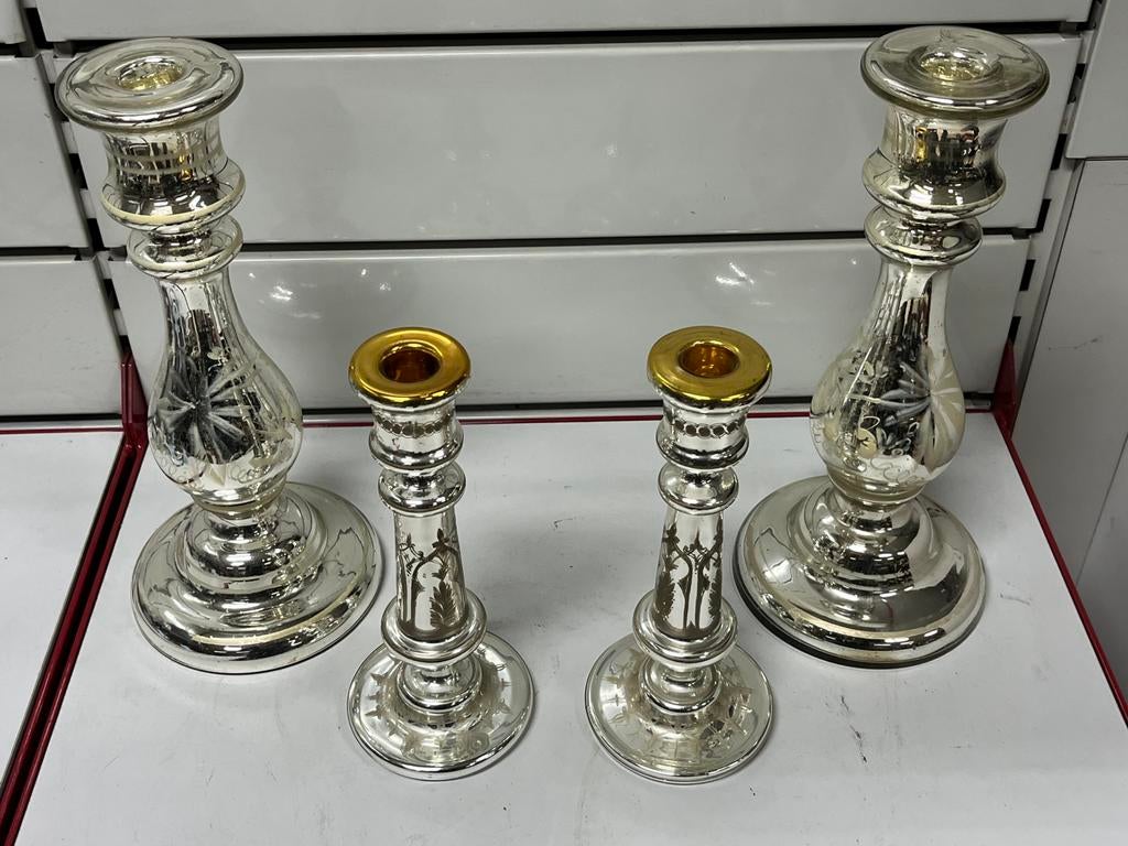 Rare ensemble de 4 bougeoirs anciens - verre mercuré argenté, Antiquités & Art, Antiquités | Bougeoirs, Verre, Enlèvement