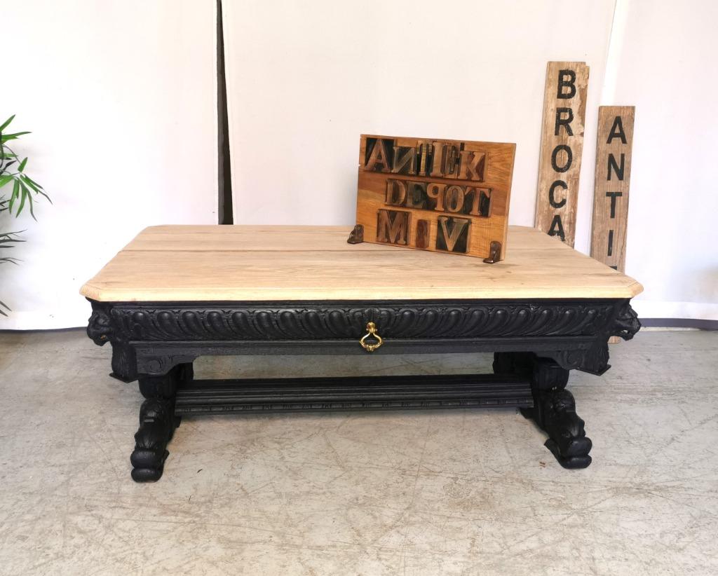 Antieke brocante Dolfijn salontafel+grote lade zw eik 130x90, Antiek en Kunst, Ophalen