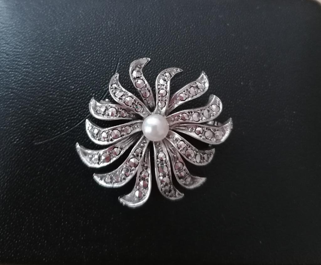 Superbe broche ancienne argent 835 et marcassite, Enlèvement, Argent, Argent, Moins de 4 cm