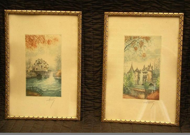 Paar aquatint etsen van Heroy, Antiek en Kunst, Kunst | Etsen en Gravures, Ophalen of Verzenden