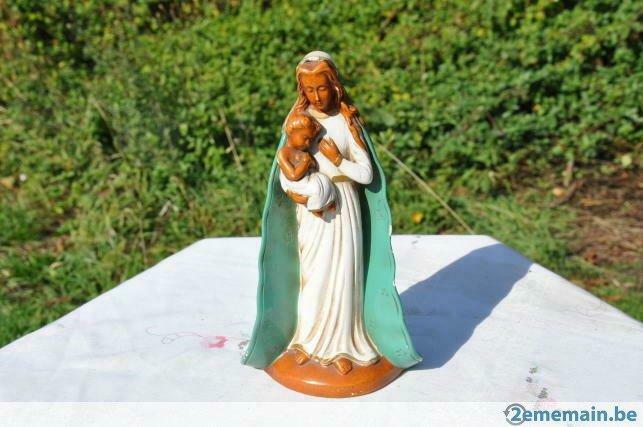 vierge a l'enfant cape turquoise  signée codelli R, Antiquités & Art, Antiquités | Objets religieux