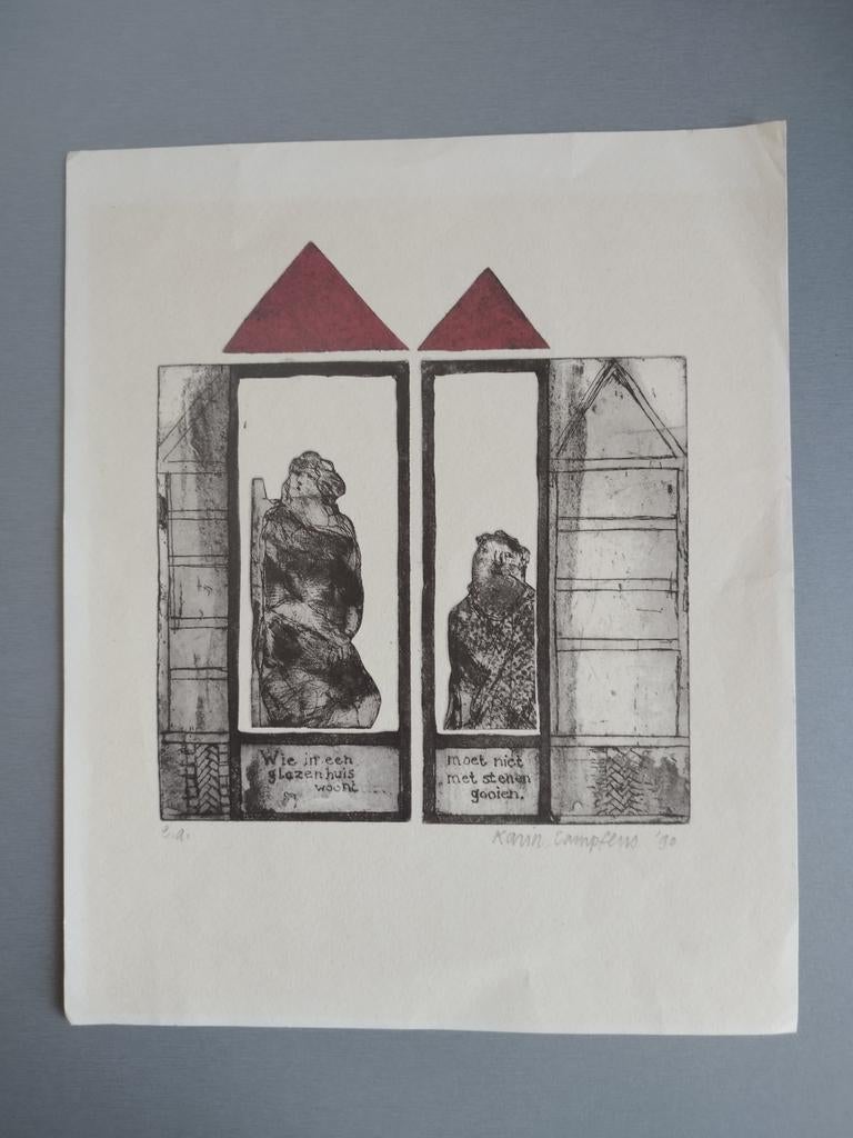 Karin Campfens 1990 EA Wie in een glazenhuis woont moet ..., Antiquités & Art, Art | Lithographies & Sérigraphies, Enlèvement ou Envoi