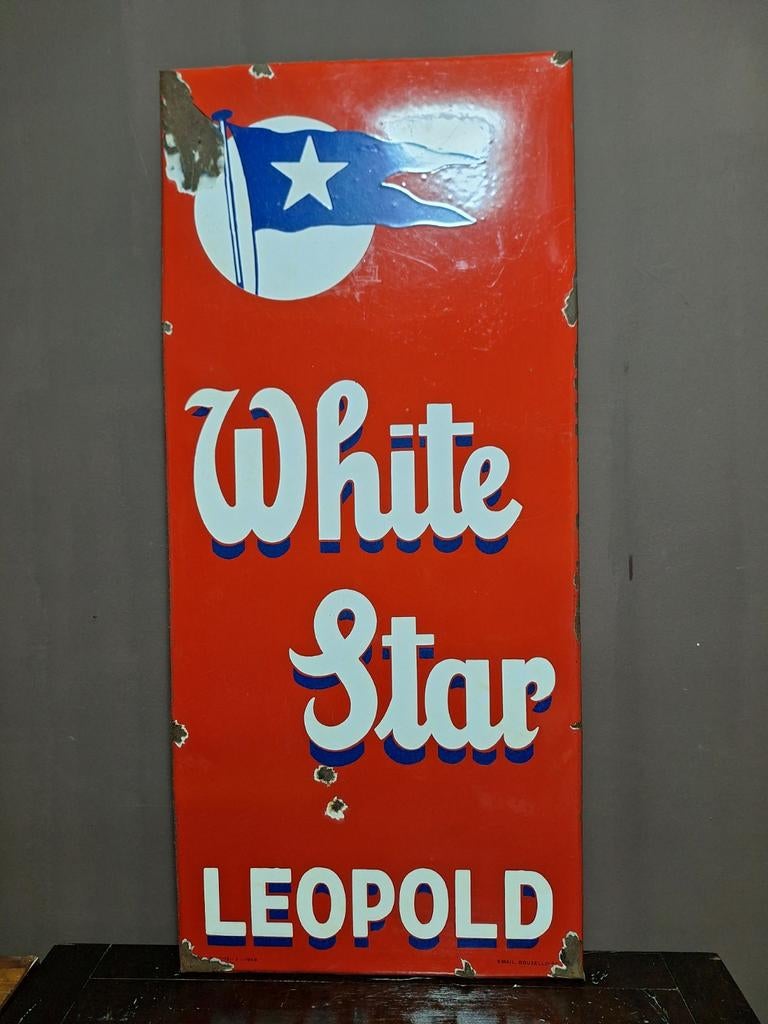 Plaque émaillée 1946 Bière White Star Leopold Bruxelles, Enlèvement ou Envoi, Utilisé, Panneau publicitaire