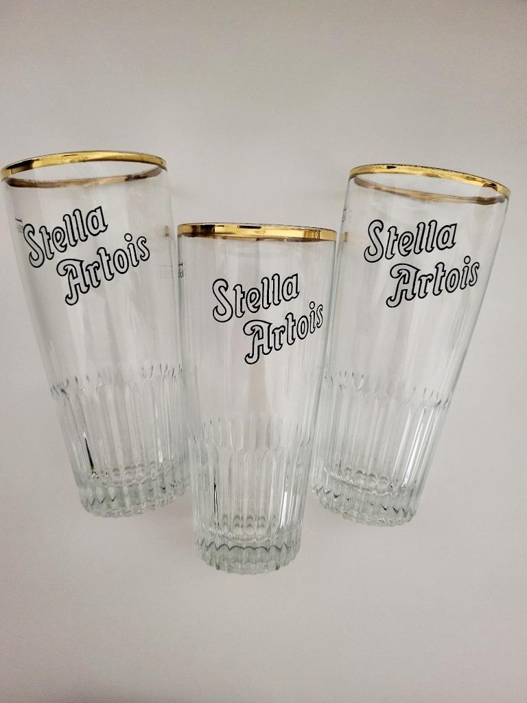 3 oude glazen stella artois 25 cl met gouden rand en ribbels, Verzamelen, Ophalen of Verzenden, Glas of Glazen, Stella Artois