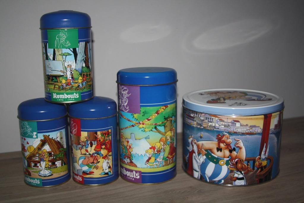 5 blikken Dozen , Asterix 1996 , 2003 , als nieuw, Verzamelen, Stripfiguren, Ophalen of Verzenden, Asterix en Obelix, Zo goed als nieuw
