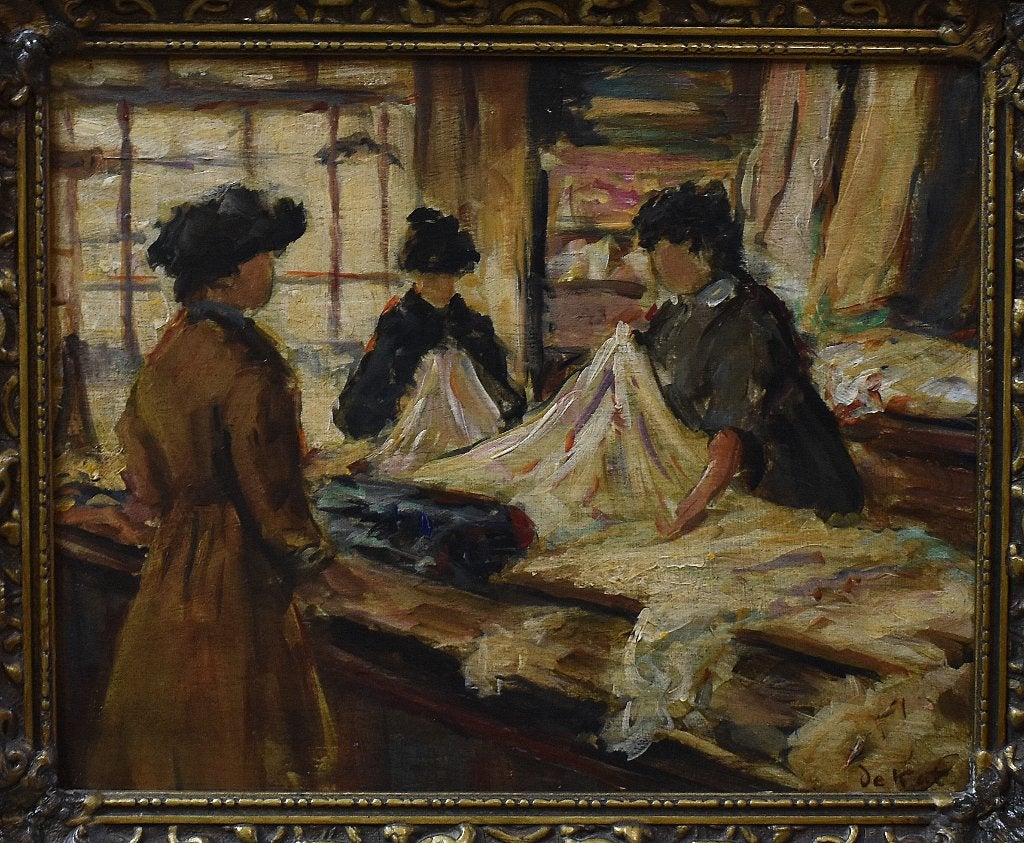 le chat ---- Dans la boutique de tissus., Encadré, Portrait ou Personnes, Enlèvement ou Envoi, Peinture à l'huile