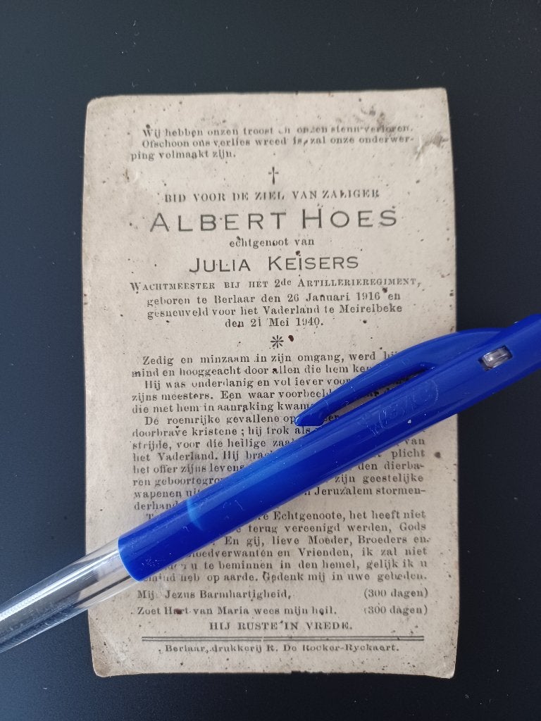 Gesneuvelde soldaat HOES Albert  Berlaar, Verzamelen, Bidprentjes en Rouwkaarten, Ophalen of Verzenden, Bidprentje