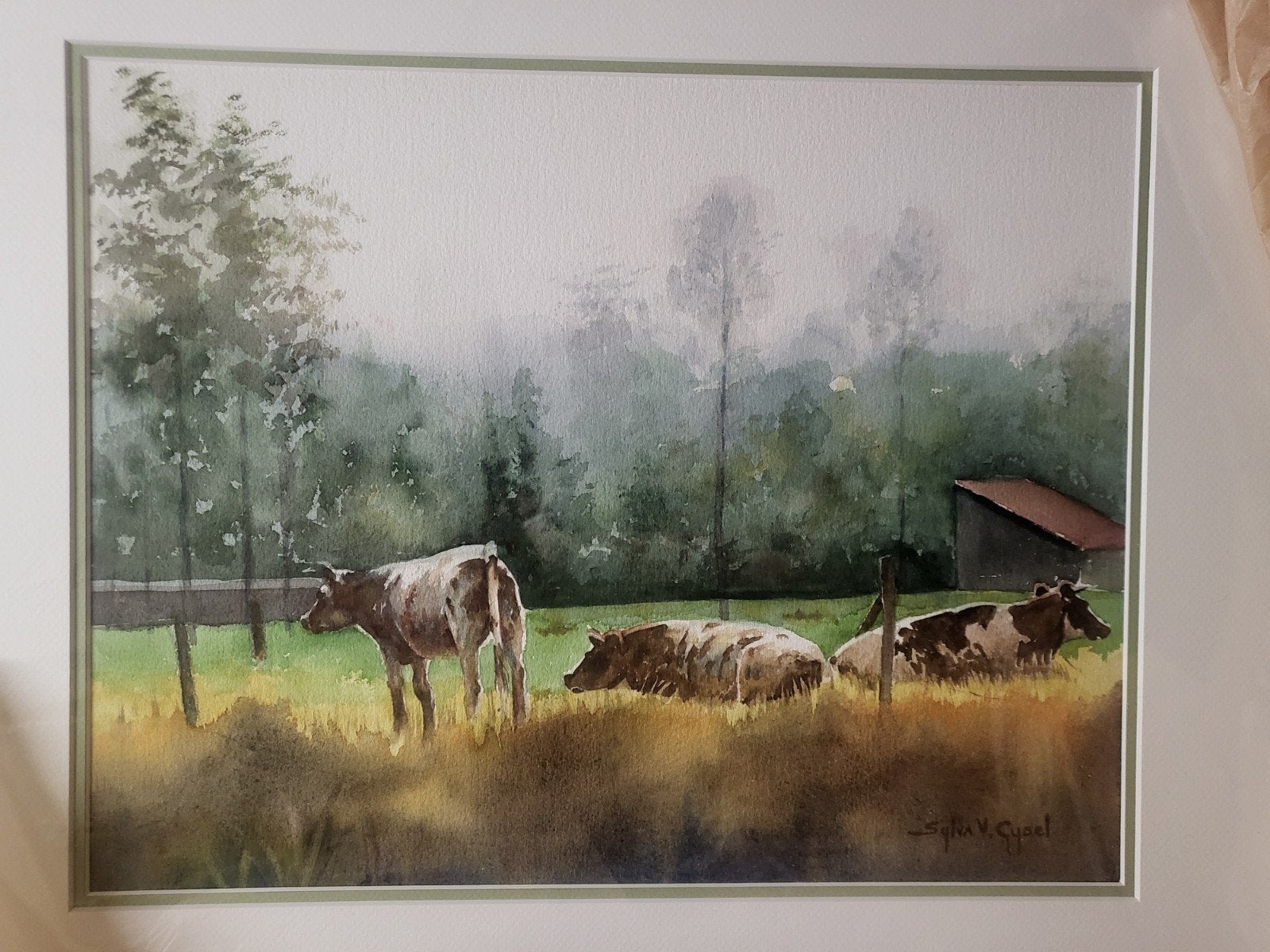 Aquarel schilderij koeien, Sylvia v. Cysel, Ophalen, Landschap, Aquarel, Gesigneerd