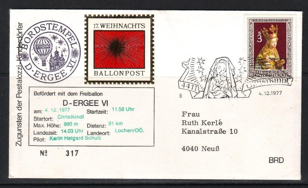 Postzegels brieven thema ballonpost Christkindl, Ophalen of Verzenden, Gestempeld, Overige thema's