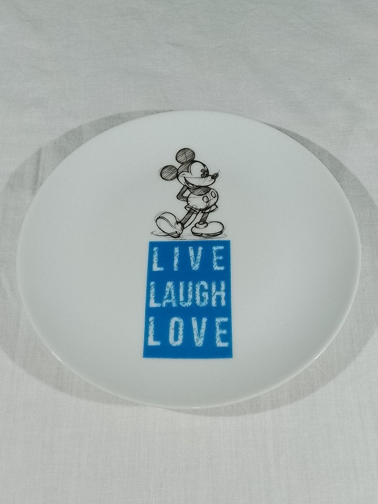 Disney Egan Mickey Mouse Bord – Live Laugh Love - Blauw, Verzamelen, Ophalen of Verzenden, Mickey Mouse, Gebruikt, Servies