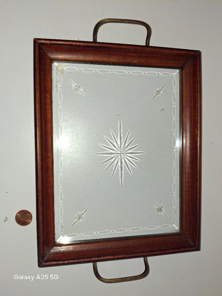 plateau vintage en verre gravé Cadre bois et poignées laiton, Enlèvement
