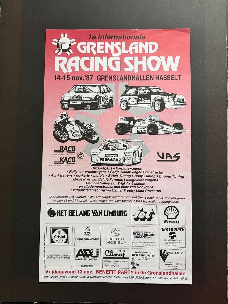 affiche 1er Grensland Racing show Hasselt 1987, Enlèvement ou Envoi, Voitures