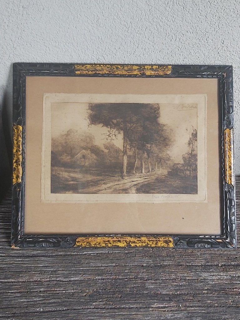 Mooi met glas ingekaderde originele ets Pros. Bosteels, Antiek en Kunst, 28 cm, 34 cm, Ets, Ophalen of Verzenden