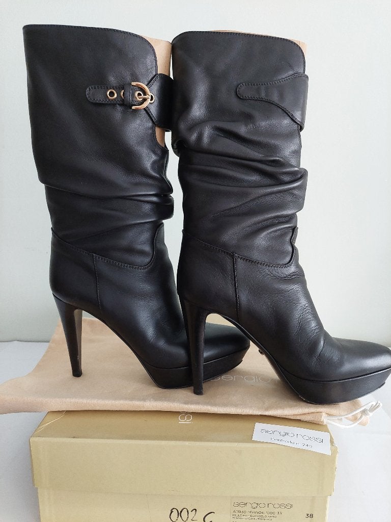 2C* Sergio ROSSI - sexy bottes noires de luxe full cuir (38), Sergio Rossi, Comme neuf, Bottes hautes, Noir