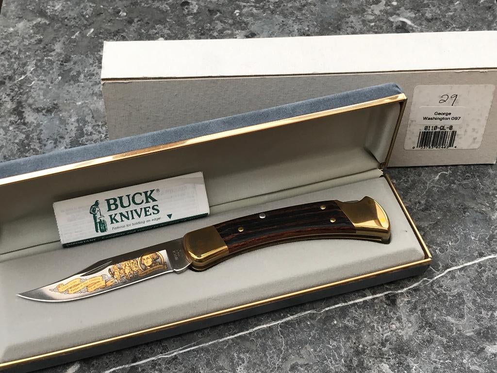 Buck 110 1995 George Washington Engraved commemorative knife, Caravans en Kamperen, Kampeergereedschap, Zo goed als nieuw, Ophalen of Verzenden