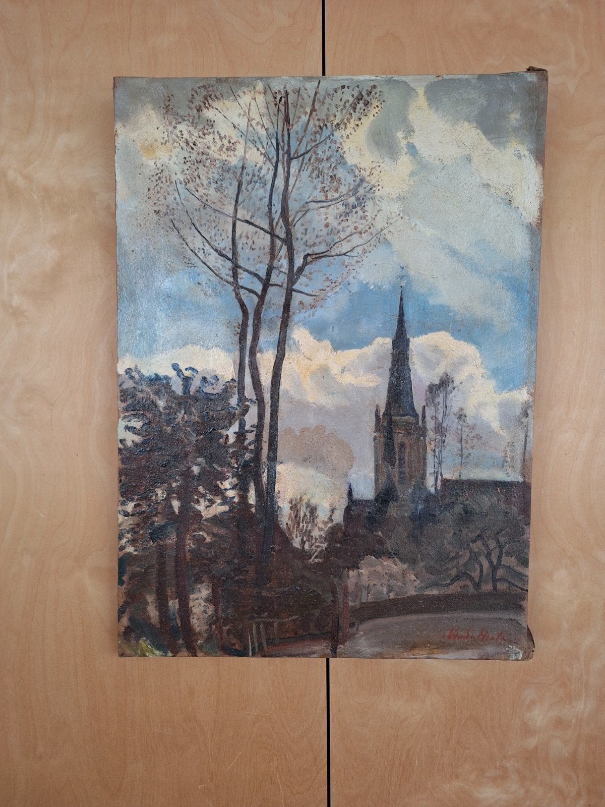 Peinture avec vue sur le village, Enlèvement ou Envoi, Peinture à l'huile, Signé, Paysage urbain / rural