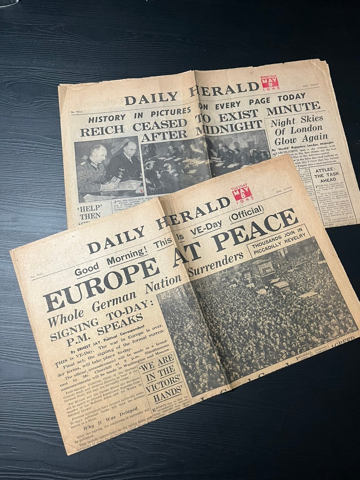 premières pages originales du Daily Herald — VE-Day 1945, Collections, Enlèvement ou Envoi, 1940 à 1960, Journal