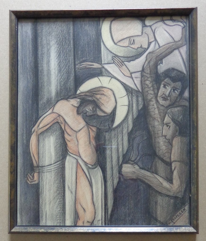 J. VAN KESTEREN / RELIGIEUZE SCENE / ORIGINEEL 32x26cm KADER, Portret of Personen, Ophalen of Verzenden, Tekening, Papier