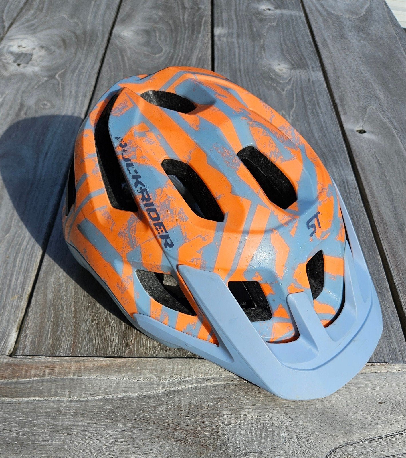 mountainbike-helm Rockrider fel oranje en (blauw)grijs 55-59, Ophalen, Gebruikt, Jongen of Meisje, Rockrider