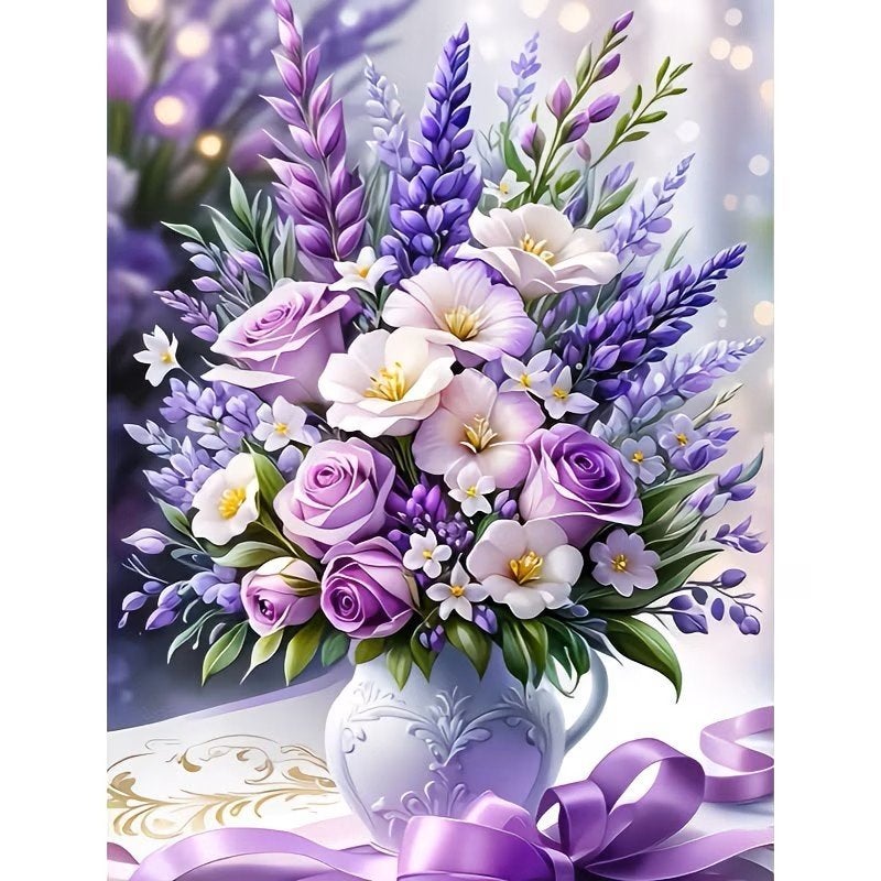 50x40cm Diamond Painting boeket lila bloemen (rond) nr 96, Hobby en Vrije tijd, Verzenden, Nieuw, Natuur en Bloemen, Overige materialen