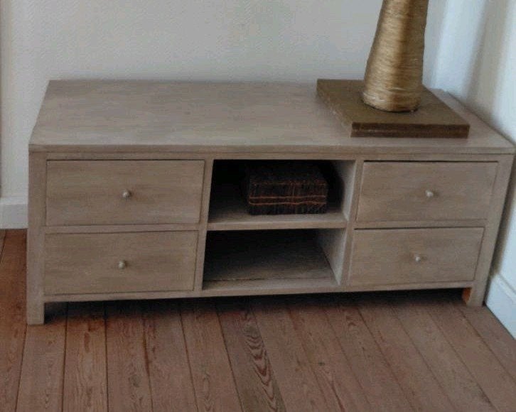 teakhouten tv kast,grijs  bruin geschilderd L150cmH60 D 55cm, Huis en Inrichting, Ophalen, 150 tot 200 cm, Teakhout, Zo goed als nieuw