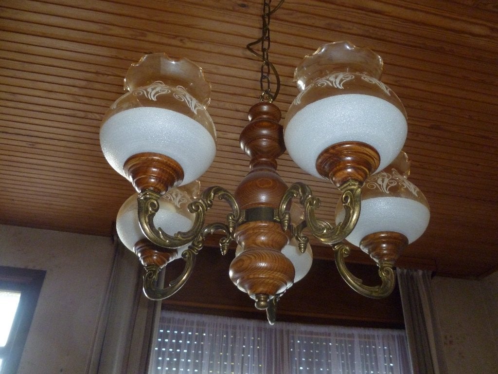 Lustre VINTAGE en bois et laiton 5 branches, Maison & Meubles, Enlèvement, Utilisé, Verre, Vintage