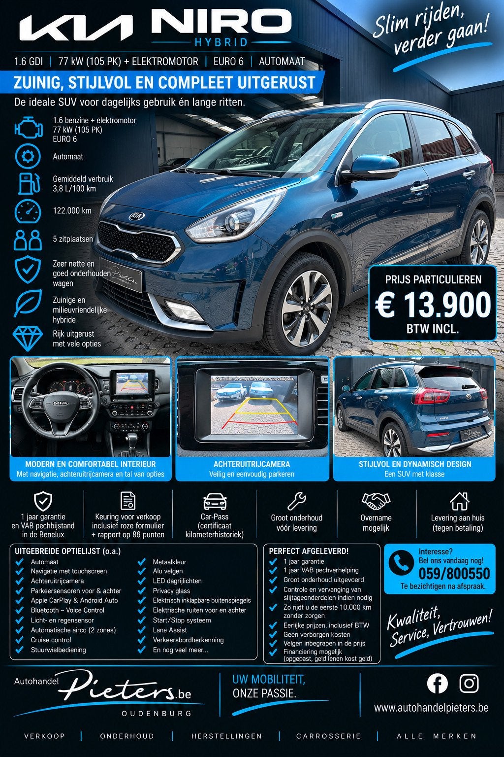 Kia Niro Benzine/Hybride - Automaat, Autos, Kia, 105 ch, Euro 6, Entreprise, Carnet d'entretien