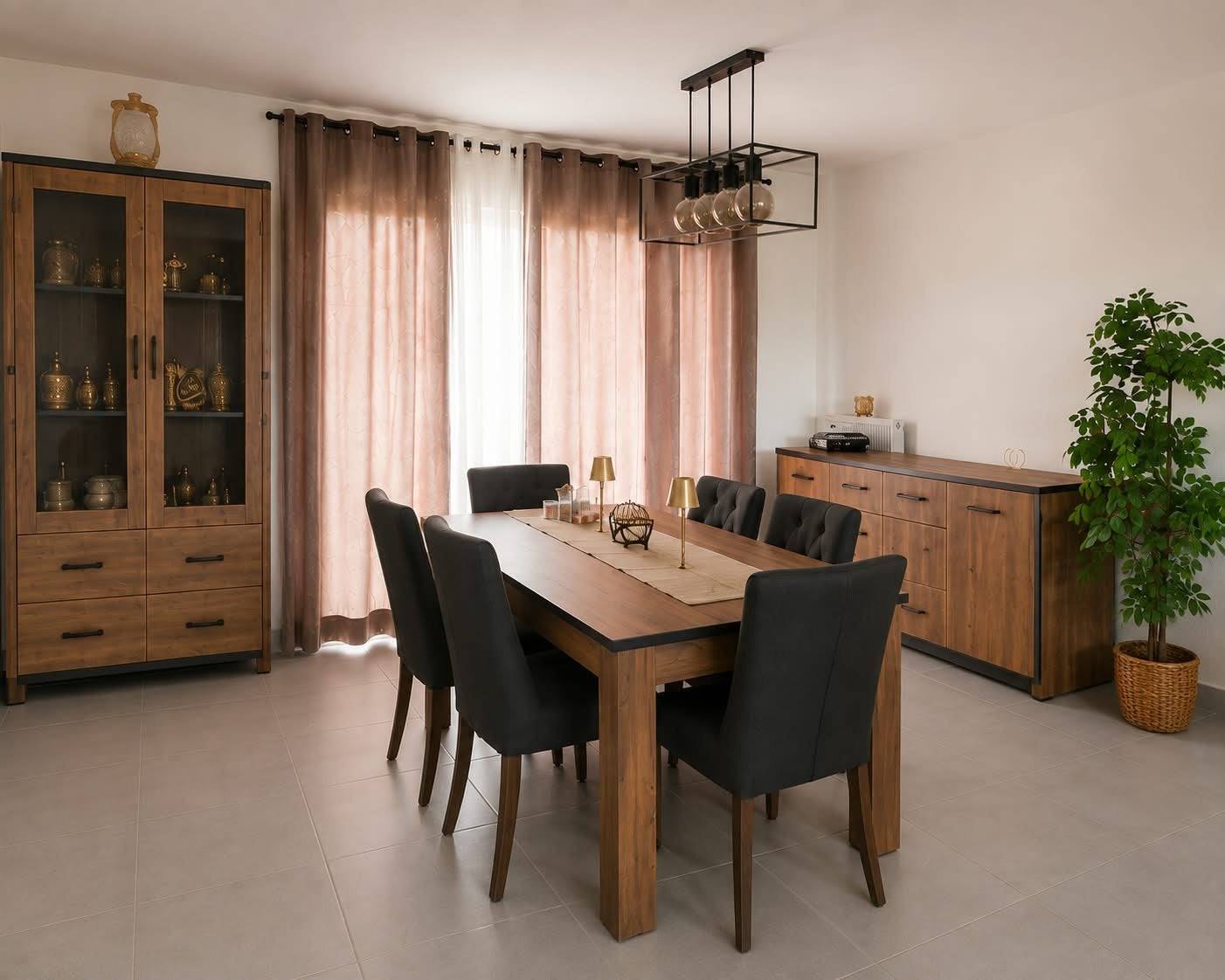 Eetkamer set (Vitrine + commode + tafel + 6 stoelen), Ophalen