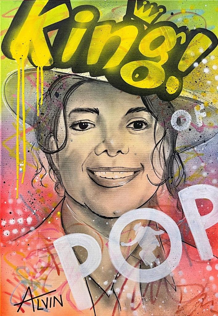 Peinture de Michael Jackson par Alvin Silvrants 2024, Enlèvement ou Envoi, Comme neuf, 50 à 75 cm, Peinture
